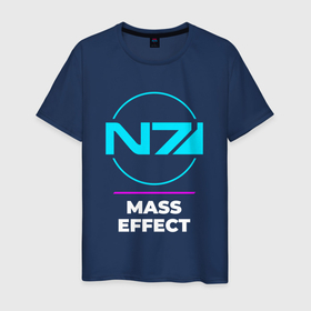 Мужская футболка хлопок с принтом Символ Mass Effect в неоновых цветах в Белгороде, 100% хлопок | прямой крой, круглый вырез горловины, длина до линии бедер, слегка спущенное плечо. | effect | logo | neon | игра | игры | лого | логотип | масс | неон | символ | эффект