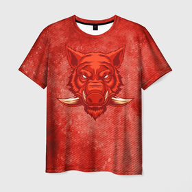 Мужская футболка 3D с принтом Красный кабан в Тюмени, 100% полиэфир | прямой крой, круглый вырез горловины, длина до линии бедер | Тематика изображения на принте: бешеный | бурый | вепрь | грубый | дикий | злой | кабан | красный | свинья | секач | сумасшедший | хряк | яростный