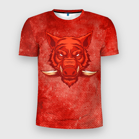 Мужская футболка 3D Slim с принтом Красный кабан в Новосибирске, 100% полиэстер с улучшенными характеристиками | приталенный силуэт, круглая горловина, широкие плечи, сужается к линии бедра | бешеный | бурый | вепрь | грубый | дикий | злой | кабан | красный | свинья | секач | сумасшедший | хряк | яростный