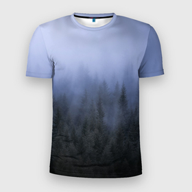 Мужская футболка 3D Slim с принтом Лес в ночи в Белгороде, 100% полиэстер с улучшенными характеристиками | приталенный силуэт, круглая горловина, широкие плечи, сужается к линии бедра | вечер | деревья | лес | ночь | туман