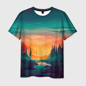 Мужская футболка 3D с принтом Лес на закате (природа) в Курске, 100% полиэфир | прямой крой, круглый вырез горловины, длина до линии бедер | вечер | горы | закат | лес | ночь | река | сумерки