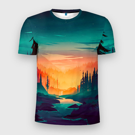 Мужская футболка 3D Slim с принтом Лес на закате (природа) в Петрозаводске, 100% полиэстер с улучшенными характеристиками | приталенный силуэт, круглая горловина, широкие плечи, сужается к линии бедра | вечер | горы | закат | лес | ночь | река | сумерки