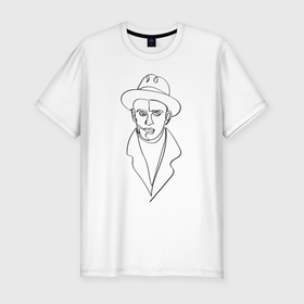 Мужская футболка хлопок Slim с принтом Маяковский, портрет одной линией в Екатеринбурге, 92% хлопок, 8% лайкра | приталенный силуэт, круглый вырез ворота, длина до линии бедра, короткий рукав | в шляпе | лайнарт | линией | лицо | маяковский | минималистичный | одной | портрет