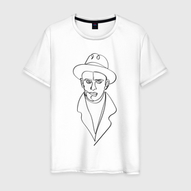 Мужская футболка хлопок с принтом Маяковский, портрет одной линией в Санкт-Петербурге, 100% хлопок | прямой крой, круглый вырез горловины, длина до линии бедер, слегка спущенное плечо. | в шляпе | лайнарт | линией | лицо | маяковский | минималистичный | одной | портрет