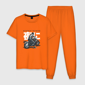 Мужская пижама хлопок с принтом Японский мотоциклист | Old Akira Japanese Biker в Тюмени, 100% хлопок | брюки и футболка прямого кроя, без карманов, на брюках мягкая резинка на поясе и по низу штанин
 | Тематика изображения на принте: anime style | gang | japan | oldschool | retro | shotaro kaneda | vintage | акира | банда | в стиле аниме | витнаж | олдскул | ретро | сотаро канеда | старый акира | тетуджин 28 | тецуджин 28 | шикимори | япония