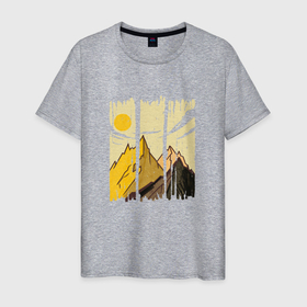 Мужская футболка хлопок с принтом Горный Пейзаж в штрихах | Mountain Landscape Strokes в Белгороде, 100% хлопок | прямой крой, круглый вырез горловины, длина до линии бедер, слегка спущенное плечо. | forest | lines | mouintains | nature | paint stroke | sun | арт с горами | гора | горный арт | горы | горы арт | кисть | лес | линии | мазки | рисунок гор | солнце | штрих