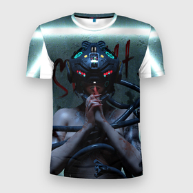 Мужская футболка 3D Slim с принтом Shhh.. в Санкт-Петербурге, 100% полиэстер с улучшенными характеристиками | приталенный силуэт, круглая горловина, широкие плечи, сужается к линии бедра | cyberpunk | cyborg | girl | helmet | девушка | киберпанк | киборг | шлем