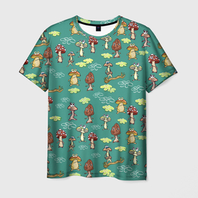 Мужская футболка 3D с принтом Грибные человечки. , 100% полиэфир | прямой крой, круглый вырез горловины, длина до линии бедер | грибник | грибной | грибочек | грибочки | грибы | детские рисунки | детский рисунок | для детей | забавные человечки | зеленый | изумрудный | мультфильм | прикольные человечки | человечки