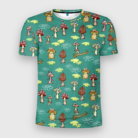 Мужская футболка 3D Slim с принтом Грибные человечки. в Кировске, 100% полиэстер с улучшенными характеристиками | приталенный силуэт, круглая горловина, широкие плечи, сужается к линии бедра | грибник | грибной | грибочек | грибочки | грибы | детские рисунки | детский рисунок | для детей | забавные человечки | зеленый | изумрудный | мультфильм | прикольные человечки | человечки