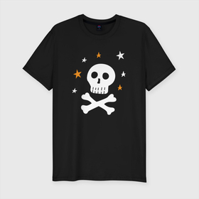Мужская футболка хлопок Slim с принтом Череп и кости со звездами в Новосибирске, 92% хлопок, 8% лайкра | приталенный силуэт, круглый вырез ворота, длина до линии бедра, короткий рукав | детский принт | дудл | звезды | кости | пират | пиратский | скелет | хэллоуин | человеческий | череп