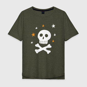 Мужская футболка хлопок Oversize с принтом Череп и кости со звездами в Новосибирске, 100% хлопок | свободный крой, круглый ворот, “спинка” длиннее передней части | детский принт | дудл | звезды | кости | пират | пиратский | скелет | хэллоуин | человеческий | череп