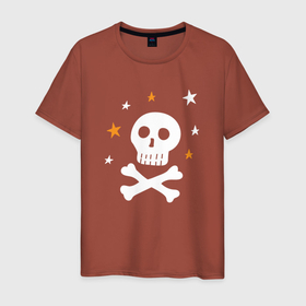 Мужская футболка хлопок с принтом Череп и кости со звездами в Екатеринбурге, 100% хлопок | прямой крой, круглый вырез горловины, длина до линии бедер, слегка спущенное плечо. | Тематика изображения на принте: детский принт | дудл | звезды | кости | пират | пиратский | скелет | хэллоуин | человеческий | череп