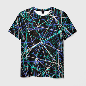 Мужская футболка 3D с принтом ПЕРЕСЕКАЮЩИЕ ЦВЕТНЫЕ ЛИНИИ , 100% полиэфир | прямой крой, круглый вырез горловины, длина до линии бедер | минимализм | оптические иллюзии | полосы | светящиеся | текстура | фон