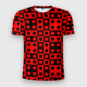 Мужская футболка 3D Slim с принтом ТЕКСТУРНЫЕ КРАСНО ЧЕРНЫЕ КВАДРАТЫ в Петрозаводске, 100% полиэстер с улучшенными характеристиками | приталенный силуэт, круглая горловина, широкие плечи, сужается к линии бедра | абстрактные | геометрические | красочные | современные | фигура | цветные