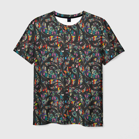 Мужская футболка 3D с принтом Разноцветная абстракция Black в Новосибирске, 100% полиэфир | прямой крой, круглый вырез горловины, длина до линии бедер | abstract | абстракция | бутоны | геометрия | калейдоскоп | классика | линии | паттерн | текстура | текстурные  узоры | узор | узоры | цветы