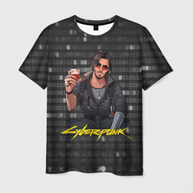 Мужская футболка 3D с принтом Cyberpunk2077 Джонни с бокалом в Петрозаводске, 100% полиэфир | прямой крой, круглый вырез горловины, длина до линии бедер | 2077 | cyberpunk | cyberpunk 2077 | jognny | night city | vi | ви | дж | джонни | кибер | киберпанк | найтсити | панк