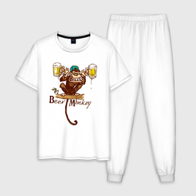 Мужская пижама хлопок с принтом Пивная обезьяна в Белгороде, 100% хлопок | брюки и футболка прямого кроя, без карманов, на брюках мягкая резинка на поясе и по низу штанин
 | Тематика изображения на принте: beer | monkey | бокал | кружка | мартышка | обезьяна | обезьянка | обезьяны | примат | шимпанзе