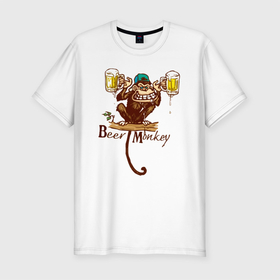 Мужская футболка хлопок Slim с принтом Пивная обезьяна в Кировске, 92% хлопок, 8% лайкра | приталенный силуэт, круглый вырез ворота, длина до линии бедра, короткий рукав | beer | monkey | бокал | кружка | мартышка | обезьяна | обезьянка | обезьяны | примат | шимпанзе