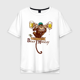Мужская футболка хлопок Oversize с принтом Пивная обезьяна в Кировске, 100% хлопок | свободный крой, круглый ворот, “спинка” длиннее передней части | beer | monkey | бокал | кружка | мартышка | обезьяна | обезьянка | обезьяны | примат | шимпанзе