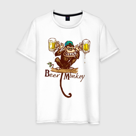 Мужская футболка хлопок с принтом Пивная обезьяна в Белгороде, 100% хлопок | прямой крой, круглый вырез горловины, длина до линии бедер, слегка спущенное плечо. | beer | monkey | бокал | кружка | мартышка | обезьяна | обезьянка | обезьяны | примат | шимпанзе