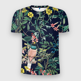 Мужская футболка 3D Slim с принтом Цветы и Розовые Птицы В Саду в Екатеринбурге, 100% полиэстер с улучшенными характеристиками | приталенный силуэт, круглая горловина, широкие плечи, сужается к линии бедра | flowers | букет | природа | птицы | растение | снегирь | флора | цветы | чиж