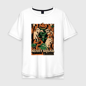 Мужская футболка хлопок Oversize с принтом Страшный отряд монстров в Белгороде, 100% хлопок | свободный крой, круглый ворот, “спинка” длиннее передней части | монстры | привидение | скелет | франкенштейн | хэллоувин