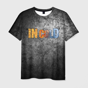 Мужская футболка 3D с принтом IN COLD горизонтальный логотип на темно сером фоне в Белгороде, 100% полиэфир | прямой крой, круглый вырез горловины, длина до линии бедер | cold | in | in cold | incold | metal | rock | в холоде | метал | металл | рок