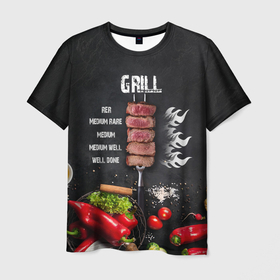 Мужская футболка 3D с принтом Гриль   степени прожарки мяса в Тюмени, 100% полиэфир | прямой крой, круглый вырез горловины, длина до линии бедер | в подарок | горячий цех | гриль | мангал | мясо | на мангал | повар | повару | прожарка | прожарка мяса | степени прожарки | угли