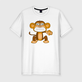 Мужская футболка хлопок Slim с принтом Обезьяна тычет пальцем в Кировске, 92% хлопок, 8% лайкра | приталенный силуэт, круглый вырез ворота, длина до линии бедра, короткий рукав | monkey | гамадрил | животное | мартышка | обезьяна | обезьянка | обезьяны | павиан | примат | шимпанзе
