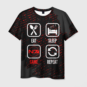 Мужская футболка 3D с принтом Eat, Sleep, Mass Effect, Repeat в Белгороде, 100% полиэфир | прямой крой, круглый вырез горловины, длина до линии бедер | eat sleep repeat | effect | logo | paint | брызги | игра | игры | краска | лого | логотип | масс | символ | эффект
