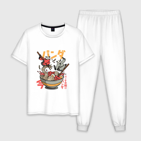 Мужская пижама хлопок с принтом Битва двух Панд за миску Рамена в Тюмени, 100% хлопок | брюки и футболка прямого кроя, без карманов, на брюках мягкая резинка на поясе и по низу штанин
 | Тематика изображения на принте: battle | fight | fighting | japan | japanese | kanji | panda | ramen | бой | иероглиф | иероглифы | кандзи | миска рамена | надпись | панда | пандочка | символ | символы | сражение | файтинг | японская панда