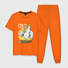 Мужская пижама хлопок с принтом Попугай тусовщик | Party Parrot в Екатеринбурге, 100% хлопок | брюки и футболка прямого кроя, без карманов, на брюках мягкая резинка на поясе и по низу штанин
 | Тематика изображения на принте: cockatoo | dance | dancing | ветка | вечеринка | жердочка | жердь | на ветке | пати | попугай танцор | попугайчик | туса | тусовка