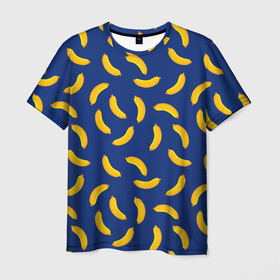 Мужская футболка 3D с принтом Banana style Банана стайл, веселый банановый паттерн на синем фоне в Курске, 100% полиэфир | прямой крой, круглый вырез горловины, длина до линии бедер | банан | бананы | веганы | вегетаринцы | желтый | плоский стиль | синий | текстура | тропики | фруктовый | фрукты | хаотичный