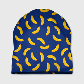 Шапка 3D с принтом Banana style Банана стайл, веселый банановый паттерн на синем фоне в Белгороде, 100% полиэстер | универсальный размер, печать по всей поверхности изделия | банан | бананы | веганы | вегетаринцы | желтый | плоский стиль | синий | текстура | тропики | фруктовый | фрукты | хаотичный
