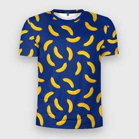 Мужская футболка 3D Slim с принтом Banana style Банана стайл, веселый банановый паттерн на синем фоне в Новосибирске, 100% полиэстер с улучшенными характеристиками | приталенный силуэт, круглая горловина, широкие плечи, сужается к линии бедра | банан | бананы | веганы | вегетаринцы | желтый | плоский стиль | синий | текстура | тропики | фруктовый | фрукты | хаотичный