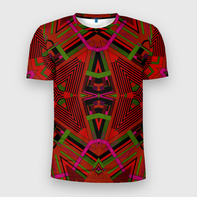 Мужская футболка 3D Slim с принтом Геометрический этнический арабский узор в красно черный тонах в Тюмени, 100% полиэстер с улучшенными характеристиками | приталенный силуэт, круглая горловина, широкие плечи, сужается к линии бедра | african | tribal pattern | геометрический узор | красный | орнамент | фольклор