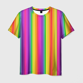 Мужская футболка 3D с принтом ЦВЕТНЫЕ РАДУЖНЫЕ ЛИНИИ в Екатеринбурге, 100% полиэфир | прямой крой, круглый вырез горловины, длина до линии бедер | желтый | забавный | зеленый | красный | красочный | лето | одно направление | оптическая иллюзия | оранжевый | радуга | розовый | текстура | тонкая линия | узор | фон