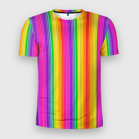 Мужская футболка 3D Slim с принтом ЦВЕТНЫЕ РАДУЖНЫЕ ЛИНИИ в Петрозаводске, 100% полиэстер с улучшенными характеристиками | приталенный силуэт, круглая горловина, широкие плечи, сужается к линии бедра | желтый | забавный | зеленый | красный | красочный | лето | одно направление | оптическая иллюзия | оранжевый | радуга | розовый | текстура | тонкая линия | узор | фон