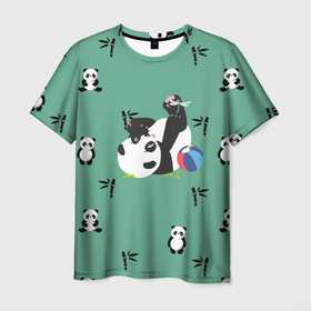 Мужская футболка 3D с принтом Пандовая семья   Малыш , 100% полиэфир | прямой крой, круглый вырез горловины, длина до линии бедер | family | family look | family style | panda | pandas | бамбук | белый | для семьи | зеленый | малыш | мальчик | медведи | медведь | мишка | мишки | панда | панды | семейные | семейный | семейный стиль | семья | сын | сынишка