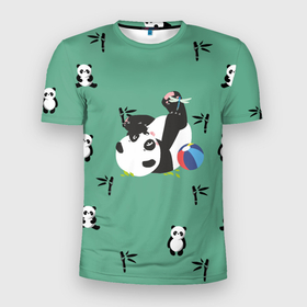 Мужская футболка 3D Slim с принтом Пандовая семья   Малыш в Курске, 100% полиэстер с улучшенными характеристиками | приталенный силуэт, круглая горловина, широкие плечи, сужается к линии бедра | family | family look | family style | panda | pandas | бамбук | белый | для семьи | зеленый | малыш | мальчик | медведи | медведь | мишка | мишки | панда | панды | семейные | семейный | семейный стиль | семья | сын | сынишка