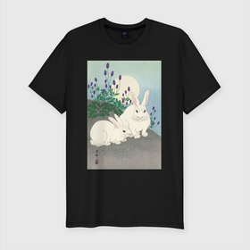 Мужская футболка хлопок Slim с принтом Rabbits at Full Moon (Кролики) в Новосибирске, 92% хлопок, 8% лайкра | приталенный силуэт, круглый вырез ворота, длина до линии бедра, короткий рукав | japan | животные | искусство | картины | кролик | культура японии | природа | япония | японская | японская анимация | японская культура | японская эстетика | японский стиль