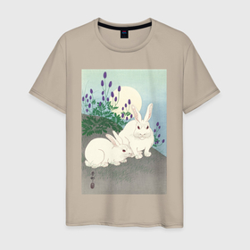Мужская футболка хлопок с принтом Rabbits at Full Moon (Кролики) в Белгороде, 100% хлопок | прямой крой, круглый вырез горловины, длина до линии бедер, слегка спущенное плечо. | japan | животные | искусство | картины | кролик | культура японии | природа | япония | японская | японская анимация | японская культура | японская эстетика | японский стиль