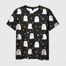 Мужская футболка 3D с принтом Милые призраки, паттерн в Белгороде, 100% полиэфир | прямой крой, круглый вырез горловины, длина до линии бедер | детский принт | дудл | забавные | звезды | милые | паттерн | персонажи | привидения | призраки | хэллоуин | черный