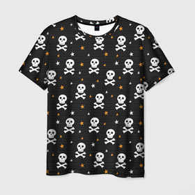 Мужская футболка 3D с принтом Черепа и кости, паттерн в Тюмени, 100% полиэфир | прямой крой, круглый вырез горловины, длина до линии бедер | Тематика изображения на принте: детский | дудл | звезды | кости | паттерн | пират | пиратский | скрещенные | хэллоуин | человеческие | черепа | черный