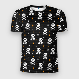Мужская футболка 3D Slim с принтом Черепа и кости, паттерн в Новосибирске, 100% полиэстер с улучшенными характеристиками | приталенный силуэт, круглая горловина, широкие плечи, сужается к линии бедра | детский | дудл | звезды | кости | паттерн | пират | пиратский | скрещенные | хэллоуин | человеческие | черепа | черный