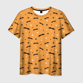 Мужская футболка 3D с принтом Летучие мыши, паттерн в Тюмени, 100% полиэфир | прямой крой, круглый вырез горловины, длина до линии бедер | детский | дудл | звезды | летучие | мыши | оранжевый | паттерн | силуэт | хэллоуин | черные