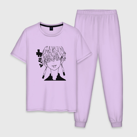 Мужская пижама хлопок с принтом Чифую Мацуно ЧБ в Тюмени, 100% хлопок | брюки и футболка прямого кроя, без карманов, на брюках мягкая резинка на поясе и по низу штанин
 | anime | chifuyu matsuno | tokyo revengers | аниме | анимэ | тифую мацуно | токийские мстители | чифую мацуно