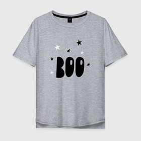 Мужская футболка хлопок Oversize с принтом BOО в Новосибирске, 100% хлопок | свободный крой, круглый ворот, “спинка” длиннее передней части | Тематика изображения на принте: boo | английская | бу | детская | дудл | звезды | иностранная | надпись | пугать | хэллоуин | черная