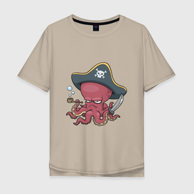 Мужская футболка хлопок Oversize с принтом Осьминог   Пират в Тюмени, 100% хлопок | свободный крой, круглый ворот, “спинка” длиннее передней части | ocean | octopus | sea | животные | клад | моллюск | море | океан | омар | осьминог | пират | рыба | сокровища | спрут | сундук | щупальца