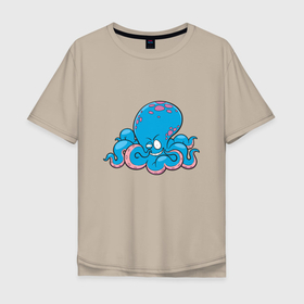 Мужская футболка хлопок Oversize с принтом Весёлый осьминог в Тюмени, 100% хлопок | свободный крой, круглый ворот, “спинка” длиннее передней части | Тематика изображения на принте: ocean | octopus | sea | животные | клад | моллюск | море | океан | омар | осьминог | пират | рыба | сокровища | спрут | сундук | щупальца